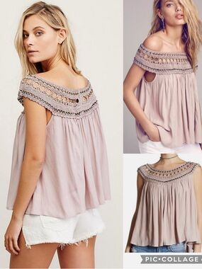 Free People Crochet Grommet Dusty Rose Lavender Swing Blouse Top
